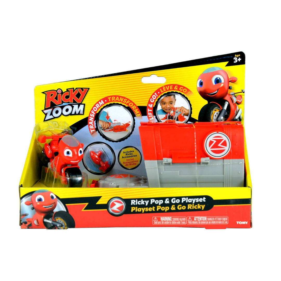 Tomy Ricky Zoom - Loop Pop წითელი მოტოციკლის ფიგურა ტრასით